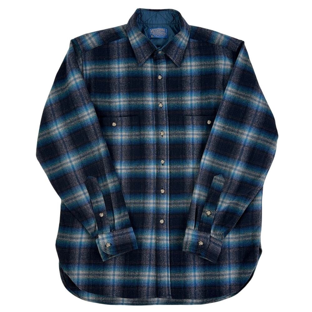 Vintage 1970s Pendleton Blue Wool Ombre Plaid Board Shirt Men's Sz L